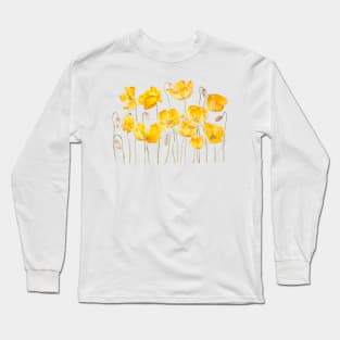 yellow poppy ink and watercolor Long Sleeve T-Shirt